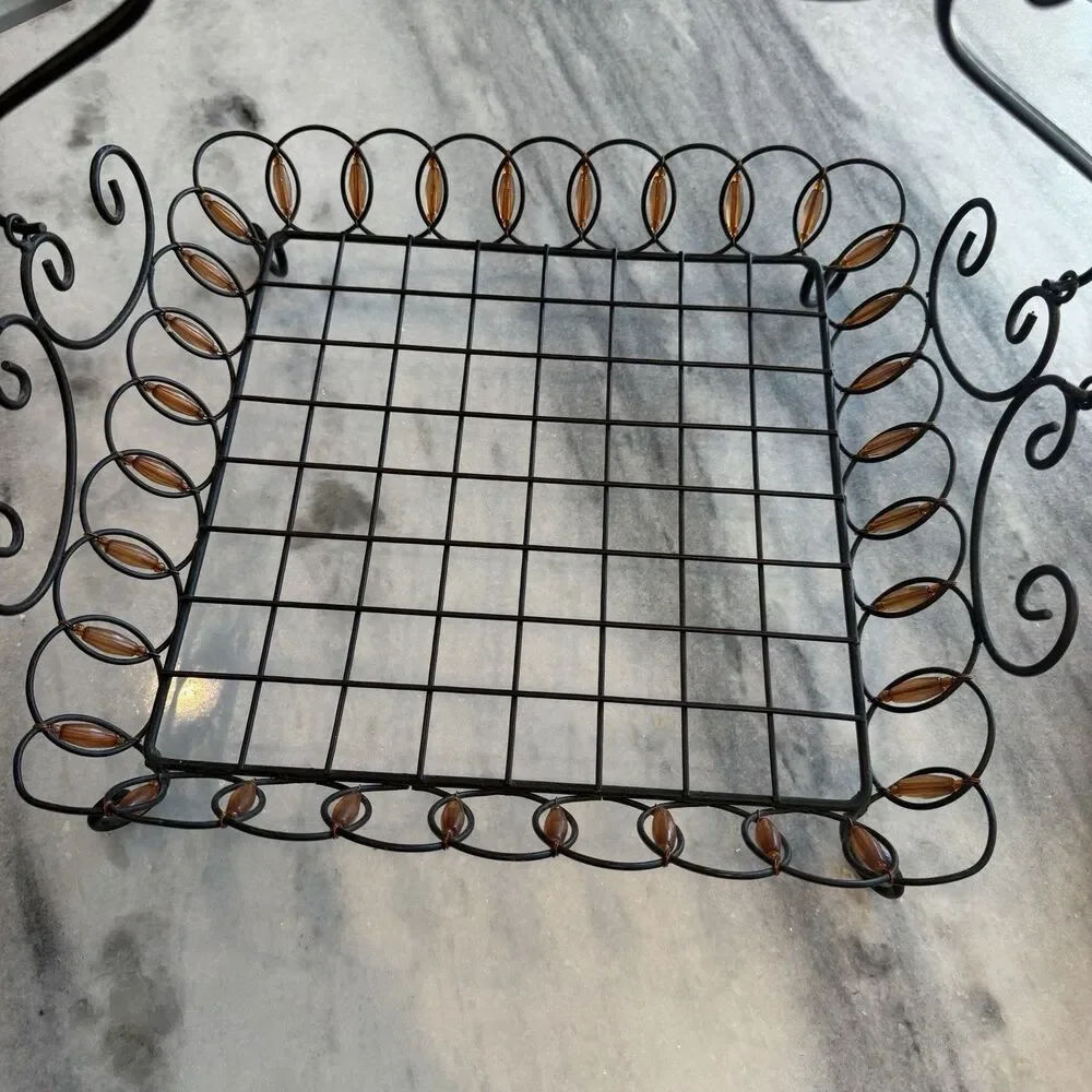 Pier 1 Wrought Iron Orange Beaded Basket Centerpiece With Handle Scalloped